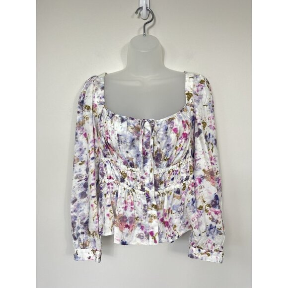 J Crew Top Womens 12 Floral Whimisical Milkmaid Blouse White Purple Cottagecore - Picture 2 of 13